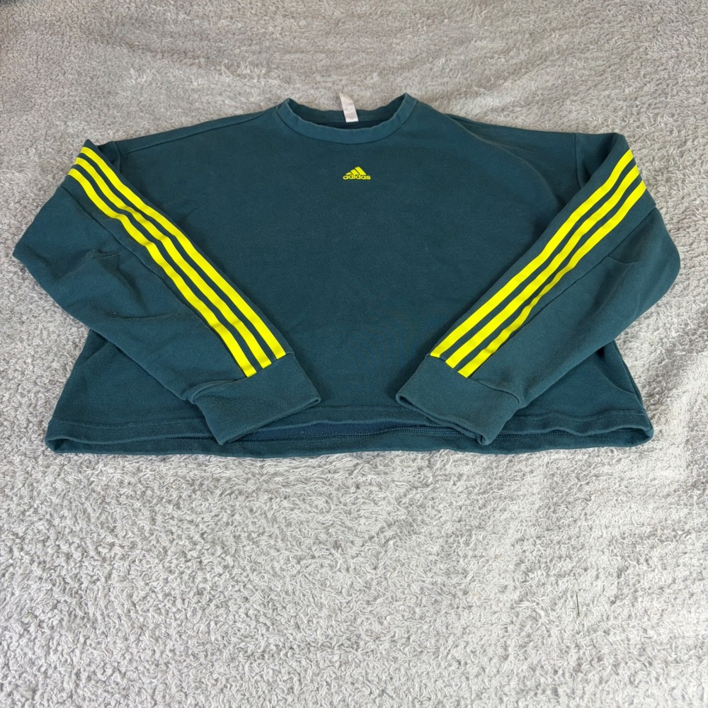 Adidas Primegreen Cropped Sweatshirt Teal Green Yellow 3-Stripe Pullover Large